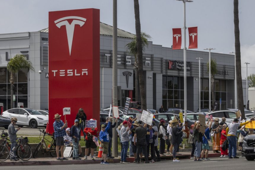 nationwide-‘tesla-takedown’-demonstrations-bring-out-protesters,-counter-protesters